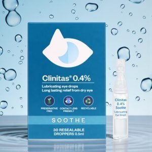 Clinitas 0.4% Soothe Eye Drops 30 x 0.5ml daily-dose resealable droppers. White and blue packaging with Clinitas branding, stating “Soothe 0.4%” and sodium hyaluronate eye drops for moderate to severe dry eye relief.