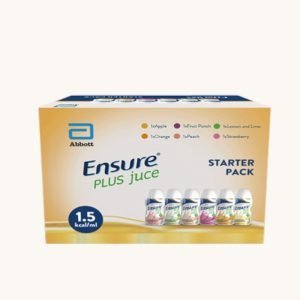 Ensure Plus Juce Starter Pack box containing six 220ml bottles in assorted fruit flavours including apple, orange, peach, strawberry, lemon and lime, and fruit punch, with white packaging and coloured fruit graphics.