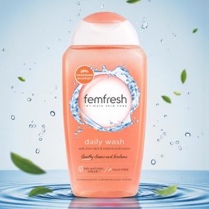Femfresh Daily Intimate Wash 250ml bottle with light green packaging and white label, showing “Femfresh Daily Intimate Wash” text and flip-top cap.