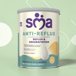 SMA Anti-Reflux Formula Powder 800g tin, cream and teal-green label with purple “sma” logo and the words “ANTI-REFLUX” and “Reflux & Regurgitation”, marked “From Birth to 12 Months” and “Food for Special Medical Purposes”.