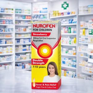 Nurofen for Children 7–12 Years Double Strength Oral Suspension 100ml strawberry flavour. White and red bottle with pink label showing “200mg per 5ml Ibuprofen” and “7–12 Years”. Fever and pain relief liquid for children.