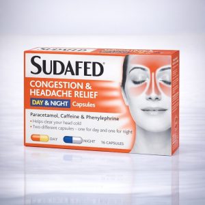 Sudafed Congestion & Headache Relief Day & Night Capsules 16 pack (12 Day + 4 Night), outer carton showing “Sudafed” branding and “Congestion & Headache Relief Day & Night”, with red/yellow Day capsules and dark blue/light blue Night capsules indicated on the pack.